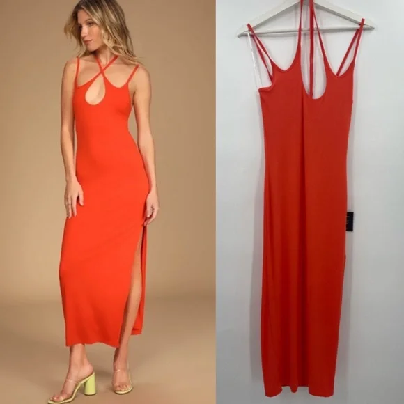 NWT Lulu’s Dress Hot Temps Red Orange Halter Midi Dress Size XS - Picture 6 of 6